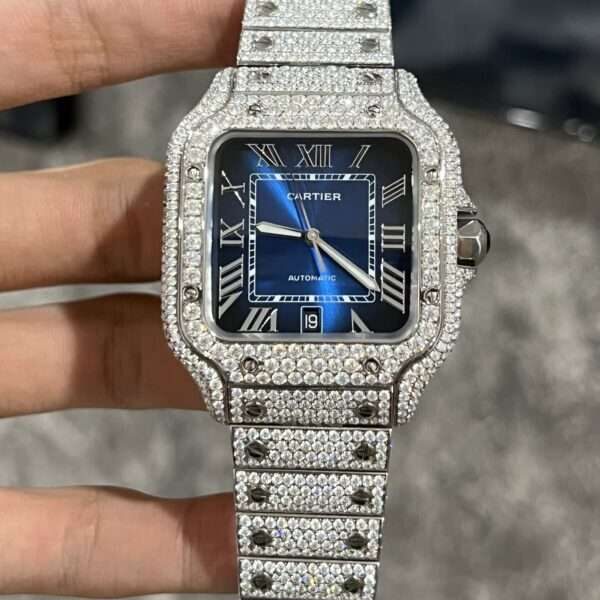Cartier Santos Best Replica Watch Custom Moissanite Diamonds Blue Dial 39.8mm