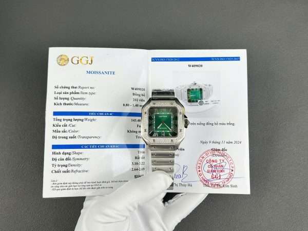 Cartier Santos Green Copies Watch Custom Diamonds Moissanite BV Factory 39.8mm