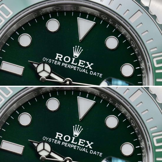 Side-by-side comparison of an original Rolex and a Royal Super Clone watch showing identical design, weight, and materials.